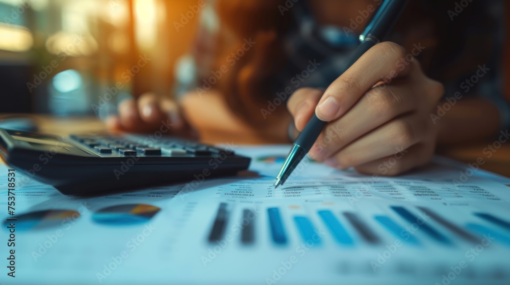 woman hand working with finances about cost and calculator on table in office - obrazy, fototapety, plakaty 