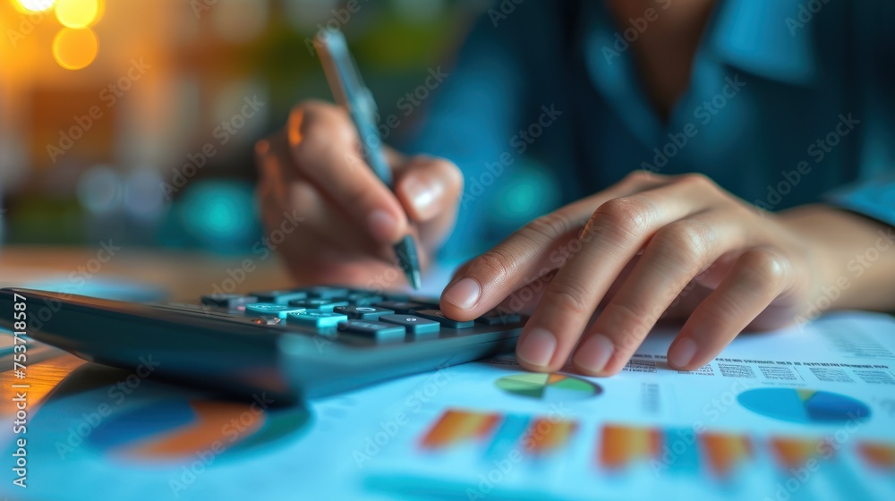 Woman's hand is busy with financial calculations, focusing on costs and using a calculator placed on the office table.