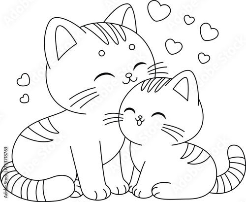 The mother and baby cats are cuddling each other coloring page.