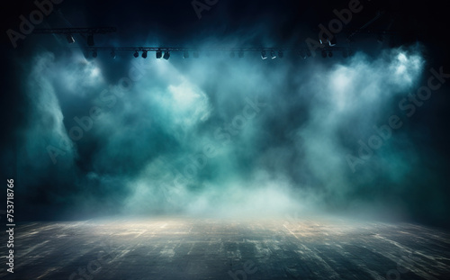 Stage with scenic lights presentation mockup with smoke background. Blue hues event spotlight backdrop