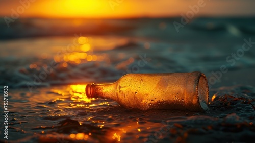 Solitary bottle on the beach captures the sunset brilliance