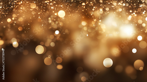 Luxury festive gold glitter bokeh sparkle background. glamorous shimmering out of focus wallpaper backdrop with copy space