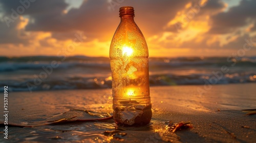 Sunset-drenched bottle by the sea, a serene end to the day