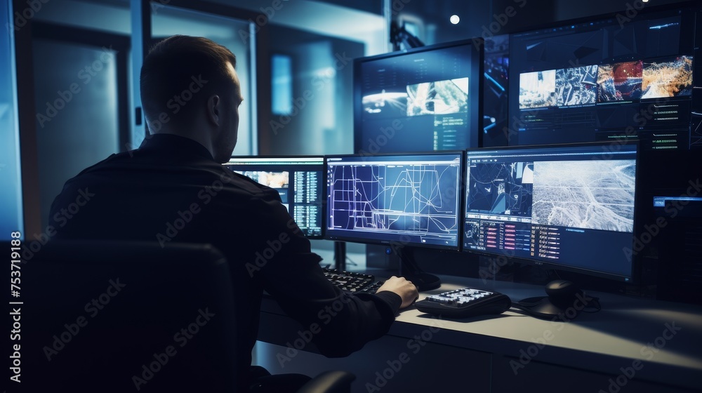 Policeman entering personal data of suspect into computer database Policeman entering personal data of suspect into computer database