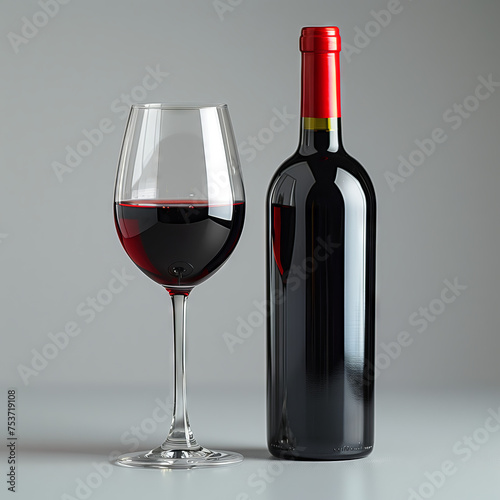 A poured and pouring glass of red wine and bottle of red wine. Merlot, Cabernet Sauvignon, Pinot noir, Malbec, Sangiovese, Syrah red wines with a blank generic bottle label