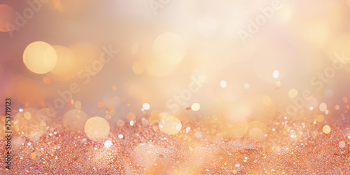 Luxury festive gold glitter bokeh sparkle background. glamorous shimmering out of focus wallpaper backdrop with copy space