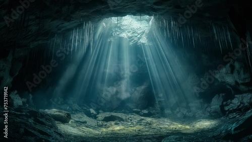 Sunlight filtering into the cave, illuminating the mysterious depths. Enigmatic beauty of light and shadow. Seamless looping 4k timelapse virtual video animation background generated AI  photo