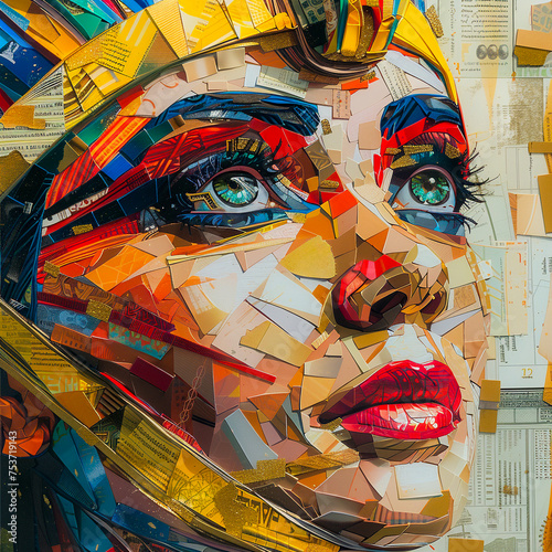 Abstract geometric collage art of a female face with vibrant colors and mixed media elements