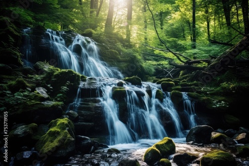 Beautiful waterfall in the forest  long exposure photo with shallow depth of field  waterfall in the forest  tropical landscape in the jungle  Ai generated