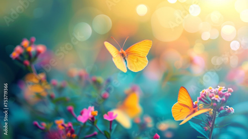 Yellow butterflies are seen flying over flowers  captured in a bokeh panorama  showcasing bright and vibrant colors.