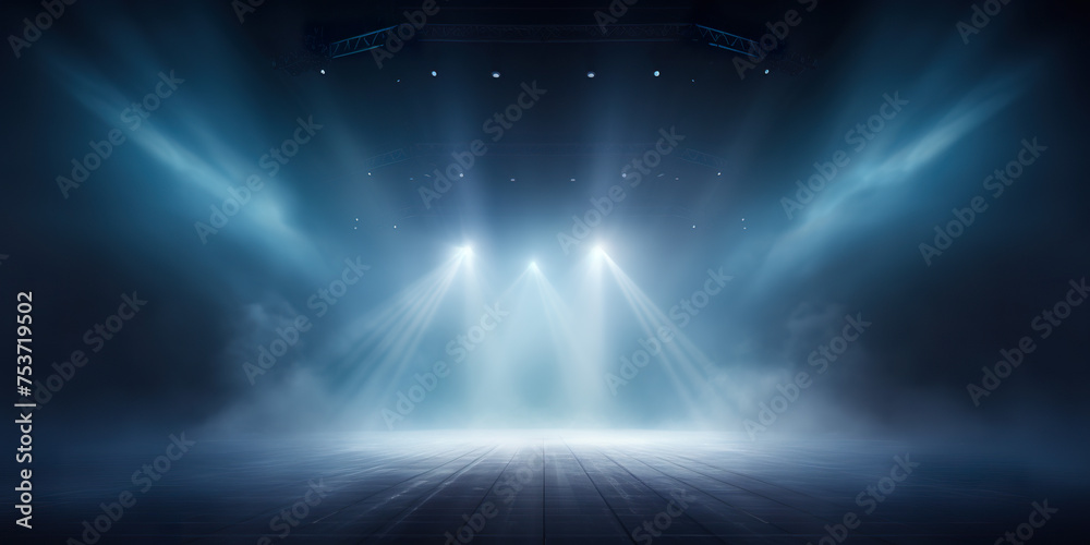 Stage with scenic lights presentation mockup with smoke background. Blue hues event spotlight backdrop - obrazy, fototapety, plakaty 