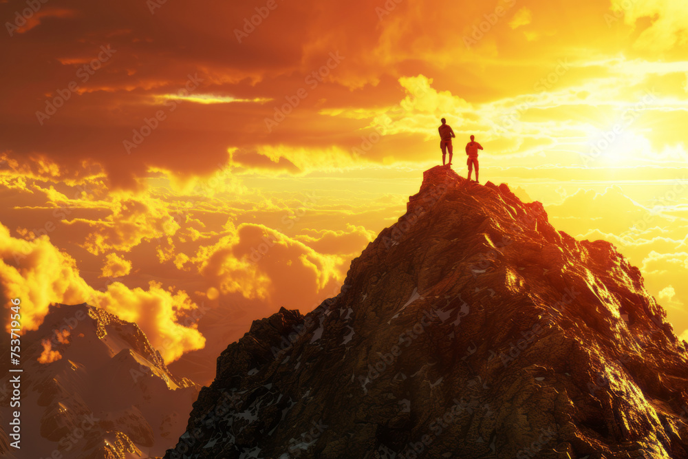 Two people are seen on top of a mountain in a success timelapse, showcasing realistic and hyper-detailed ings, bold gestures, and colors of orange and bronze. Two people are seen on top of a mountain in a success timelapse, showcasing realistic and hyper-detailed ings, bold gestures, and colors of orange and bronze.
