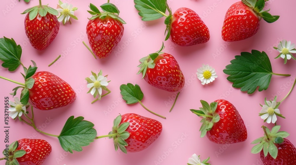 Strawberry pattern on pink background. Flat lay top view Strawberry pattern on pink background. Flat lay top view