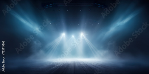 Stage with scenic lights presentation mockup with smoke background. Blue hues event spotlight backdrop