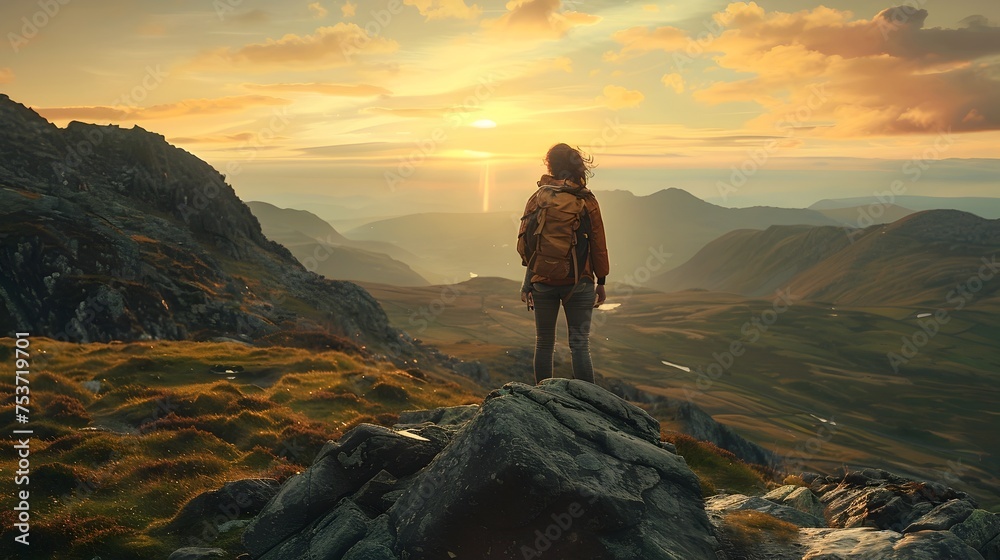 Woman Silhouetted at Sunset Standing on Top of a Mountain