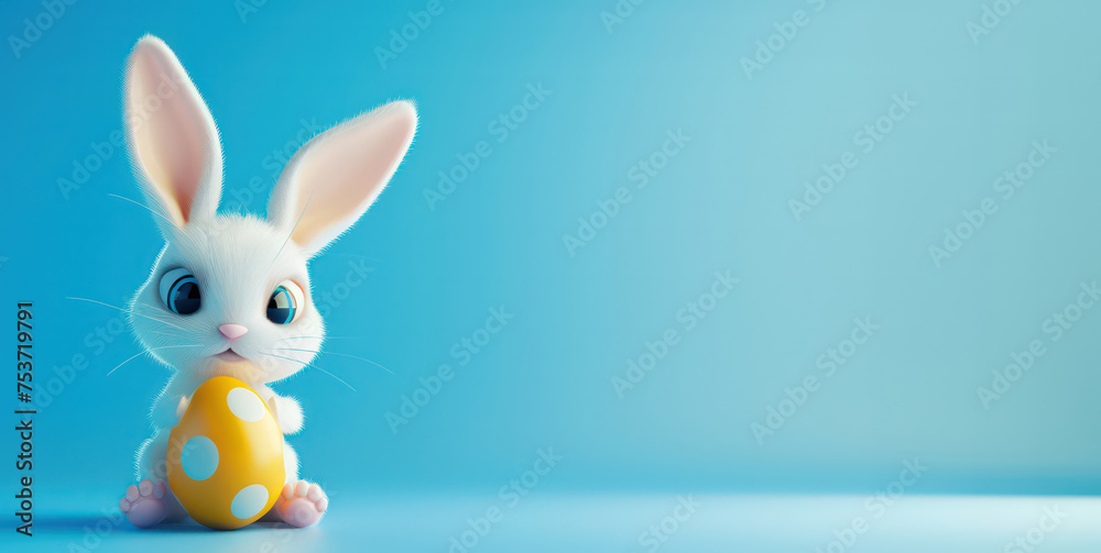 Obraz premium 3D cute easter bunny with easter egg on a blue background with copy space. 3d cartoon banner for sales and marketing