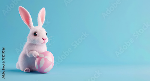 3D cute easter bunny with easter egg on a blue background with copy space. 3d cartoon banner for sales and marketing