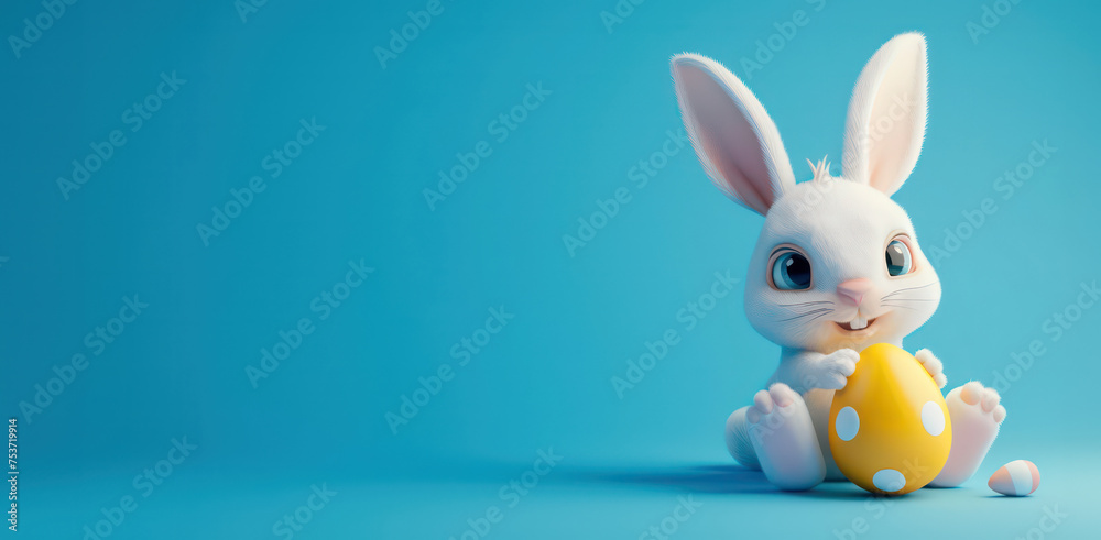 Fototapeta premium 3D cute easter bunny with easter egg on a blue background with copy space. 3d cartoon banner for sales and marketing