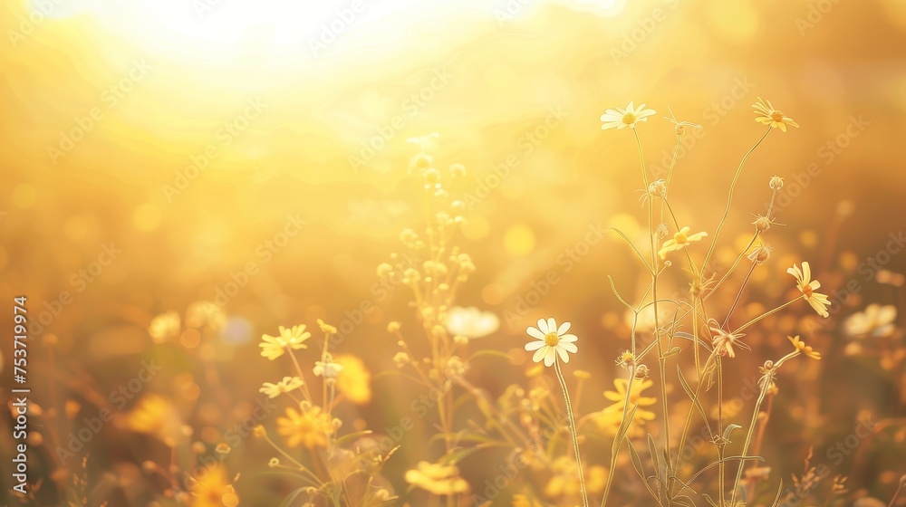 soft focus sunset field landscape of yellow flowers and grass meadow warm during golden hour
