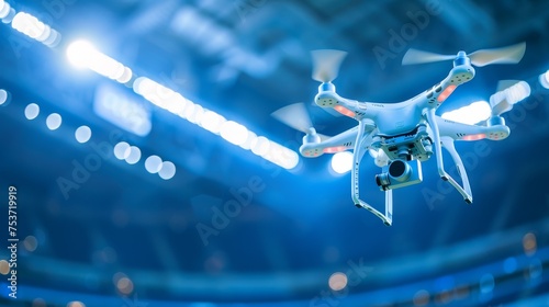 Small sports drone flying on sports arena