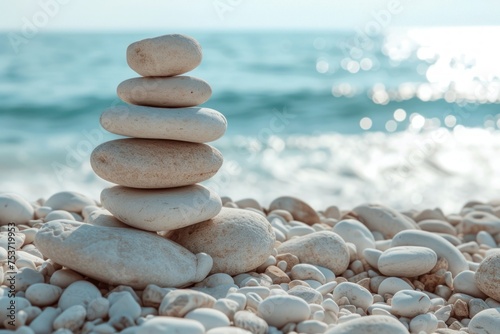 Stacked pebbles are presented on the beach near the ocean, showcasing zen-inspired aesthetics, monumental forms, and colors of light white and light azure.