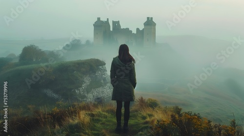 Woman on Hill Overlooking Misty Castle
