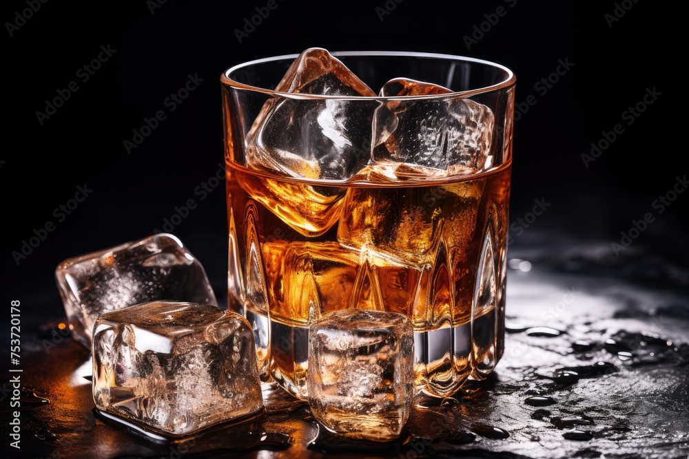 Whiskey on the rocks with ice cubes on a black background, glass of whiskey with ice cubes on plain background, A glass of Scotch whiskey with ice in a rustic style. Whiskey on the rocks, Ai generated