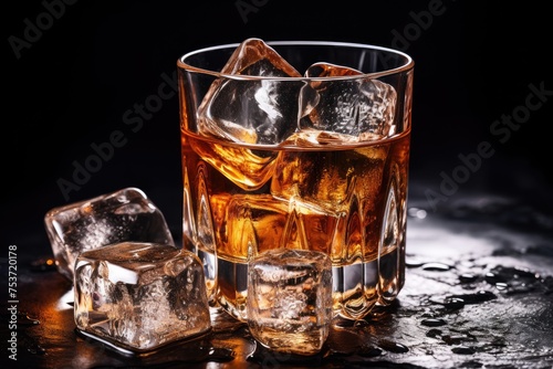 Whiskey on the rocks with ice cubes on a black background, glass of whiskey with ice cubes on plain background, A glass of Scotch whiskey with ice in a rustic style. Whiskey on the rocks, Ai generated