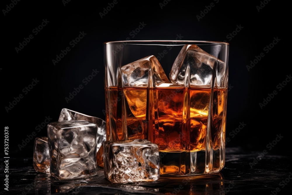 Whiskey on the rocks with ice cubes on a black background, glass of whiskey with ice cubes on plain background, A glass of Scotch whiskey with ice in a rustic style. Whiskey on the rocks, Ai generated Whiskey on the rocks with ice cubes on a black background, glass of whiskey with ice cubes on plain background, A glass of Scotch whiskey with ice in a rustic style. Whiskey on the rocks, Ai generated