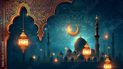 Ramadan Kareem set of posters or invitations design paper cut islamic lanterns, stars and moon on gold and violet background.