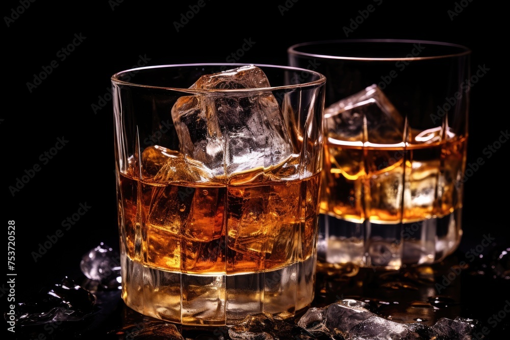 Whiskey on the rocks with ice cubes on a black background, Glass of scotch whiskey, and ice on a bokeh background. Whiskey with ice on a wooden table , Ai generated