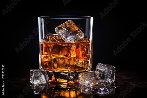 Whiskey on the rocks with ice cubes on a black background, Glass of scotch whiskey, and ice on a bokeh background. Whiskey with ice on a wooden table , Ai generated