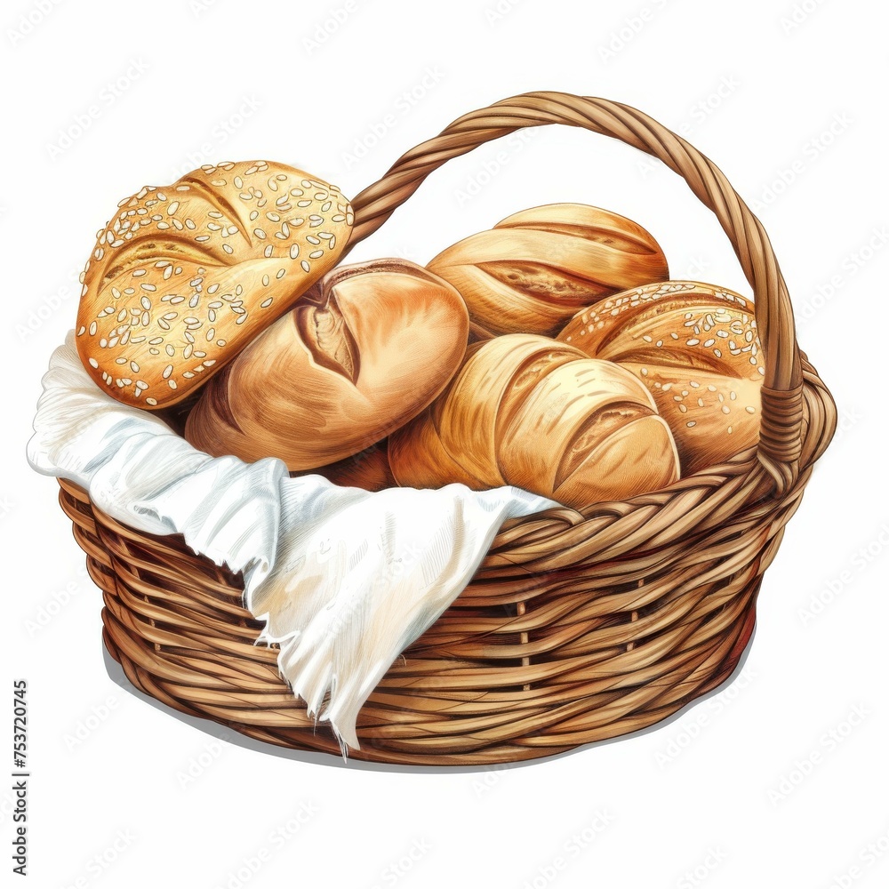 A basket with a linen napkin and bread. A composition with a variety of bakery products. 3d sticker.