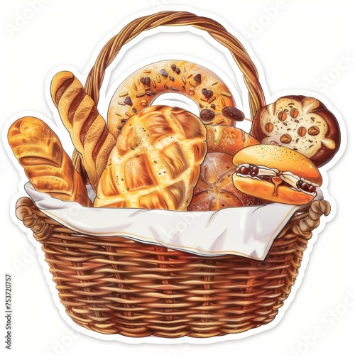 A basket with a linen napkin and bread. A composition with a variety of bakery products. 3d sticker.