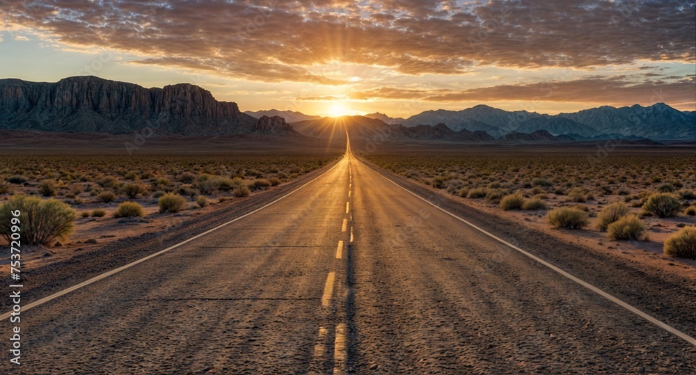  An open road through an empty rocky desert at sunrise, like a call to travel, to explore, to escape a journey through the difficulties and trials of life, towards the unknown, adventure and freedom 