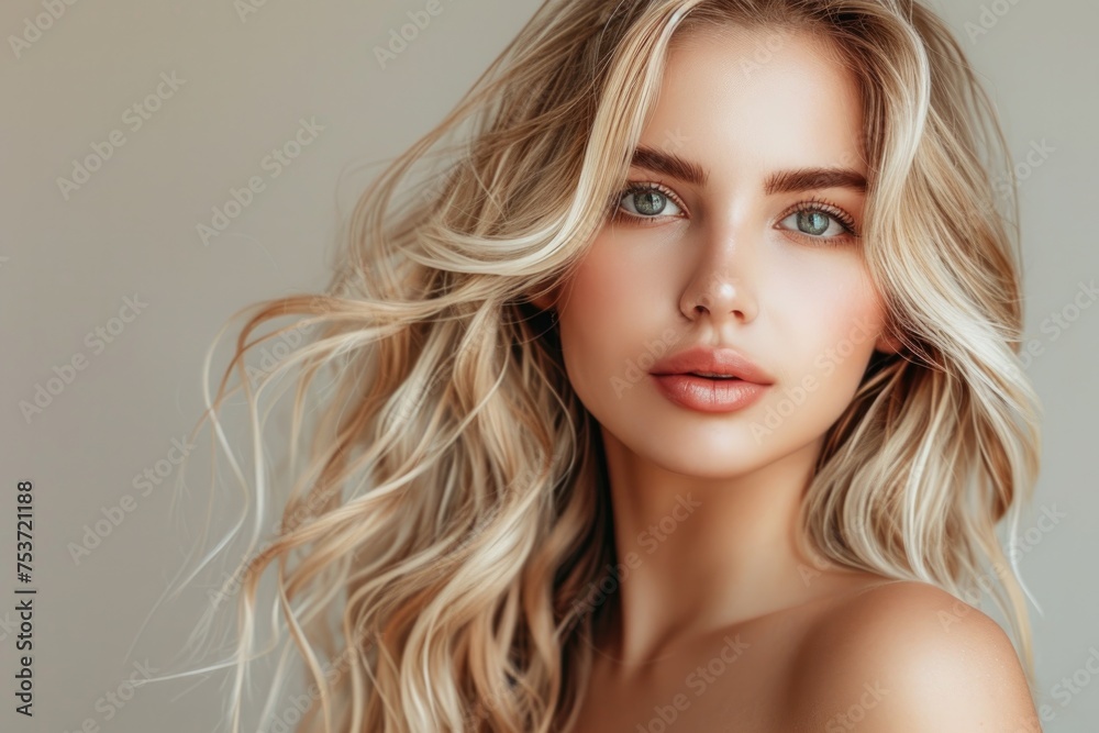 Obraz premium beautiful blonde woman with wavy medium-long hair, healthy skin looks at the camera and natural makeup of a young beautiful model