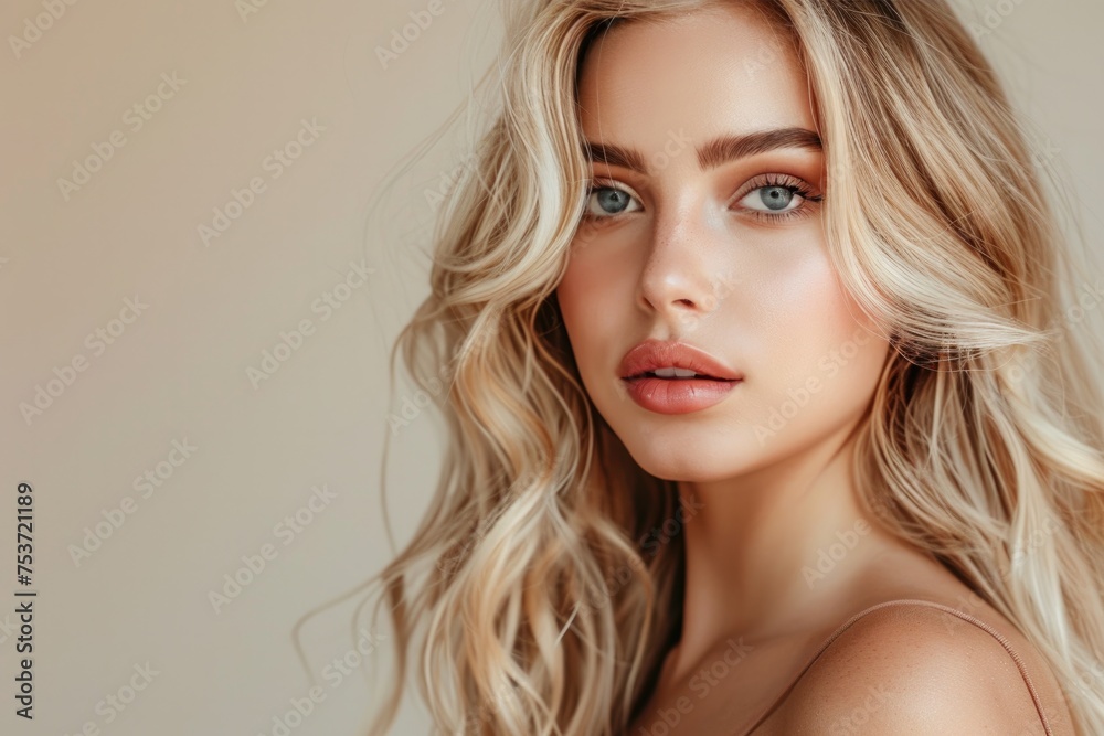 beautiful blonde woman with wavy medium-long hair, healthy skin looks at the camera and natural makeup of a young beautiful model beautiful blonde woman with wavy medium-long hair, healthy skin looks at the camera and natural makeup of a young beautiful model