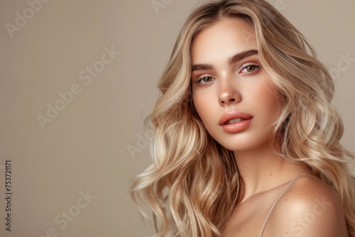 beautiful blonde woman with wavy medium-long hair, healthy skin looks at the camera and natural makeup of a young beautiful model