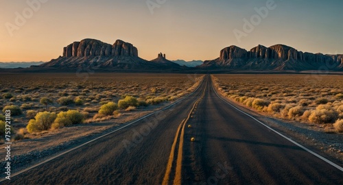  An open road through an empty rocky desert at sunrise, like a call to travel, to explore, to escape a journey through the difficulties and trials of life, towards the unknown, adventure and freedom 