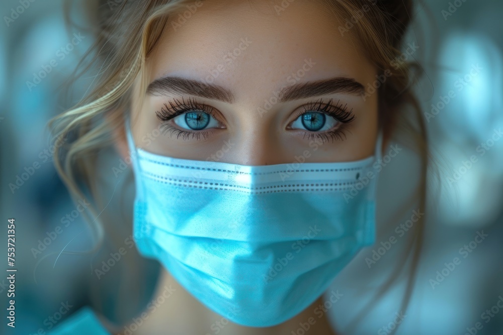 Close-up of a confident dentist wearing a mask and gloves, ready for a procedure Close-up of a confident dentist wearing a mask and gloves, ready for a procedure