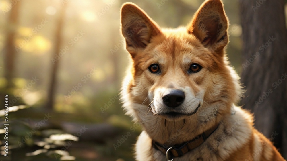 Close up portrait of a friendly brown shepherd dog in a forest