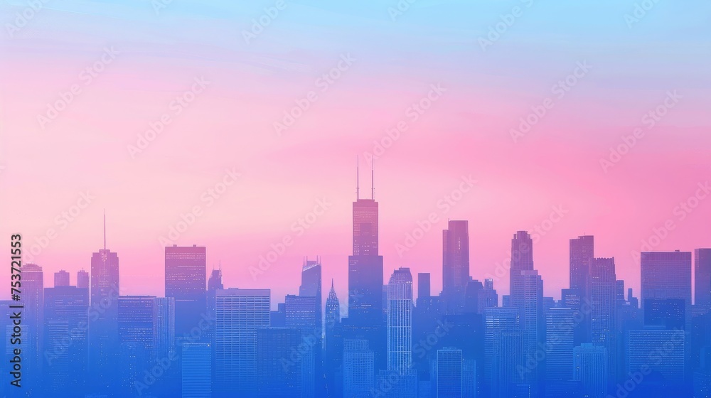 Pastel pink and blue urban skyline silhouette background.