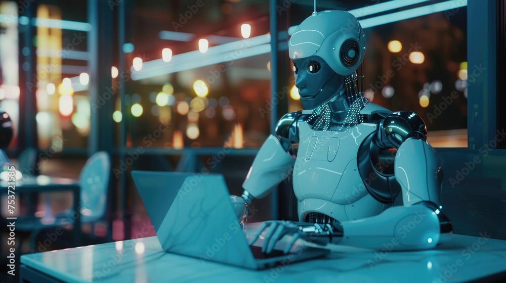 XAI 3d illustration Robot humanoid use laptop and sit at table for global network connection using AI thinking brain XAI 3d illustration Robot humanoid use laptop and sit at table for global network connection using AI thinking brain