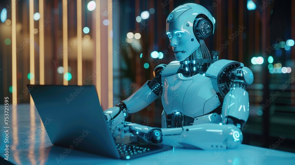 XAI 3d illustration Robot humanoid use laptop and sit at table for global network connection using AI thinking brain XAI 3d illustration Robot humanoid use laptop and sit at table for global network connection using AI thinking brain