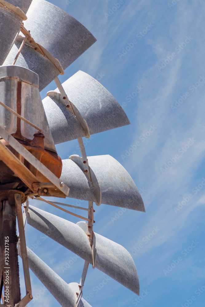 Close up of the blades from a Old metallic wind pump or water pumping windmill