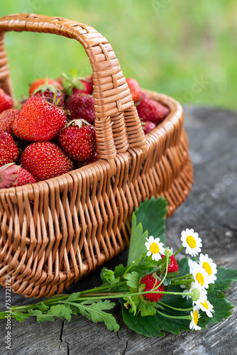 Basket with strawberries, bouquet of flowers on a natural background.