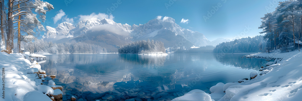 Lake Eibsee During Winter with Snowy Forests,
A European Carpathian masterpiece pines snowy hills