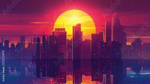 Retro abstract city skyline with vibrant sunset colors and geometric shapes