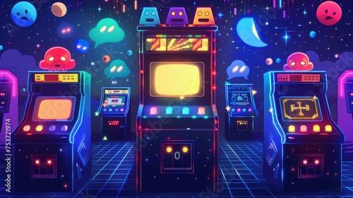 Retro arcade game screen with abstract pixelated characters and elements photo
