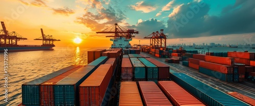 crane loading cargo container import container ship in the international terminal logistic sea port concept freight shipping by ship, Truck running in port